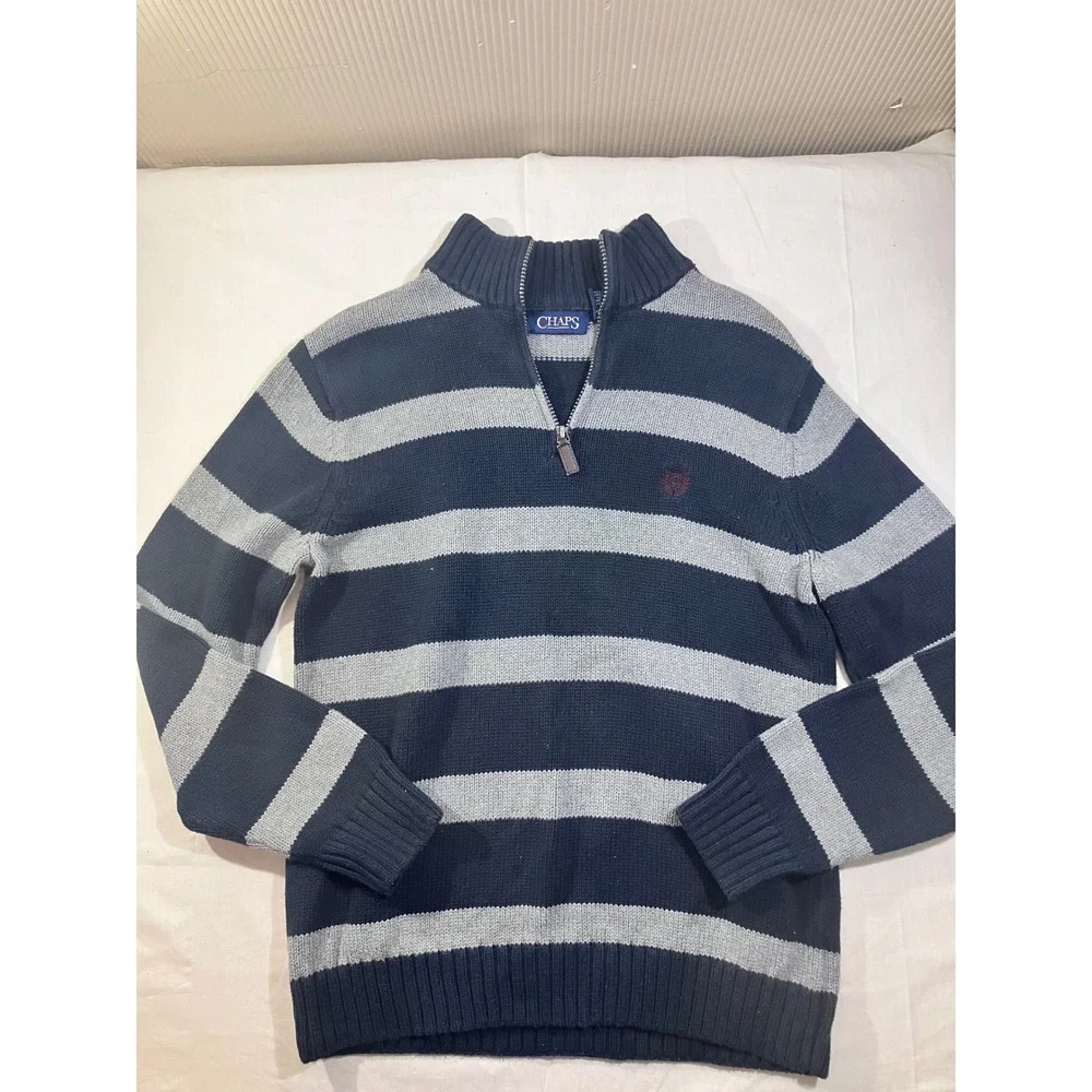 Chaps Mens Small Quarter‎ Zip Pullover Sweater Navy Blue Gray Striped Cotton